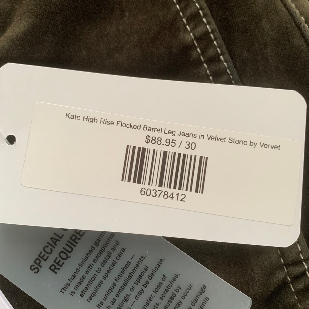 NWT Vervet Kate High Rise Flocked Barrel Leg Jeans Velvet Olive Brown Size 30 - Picture 11 of 16